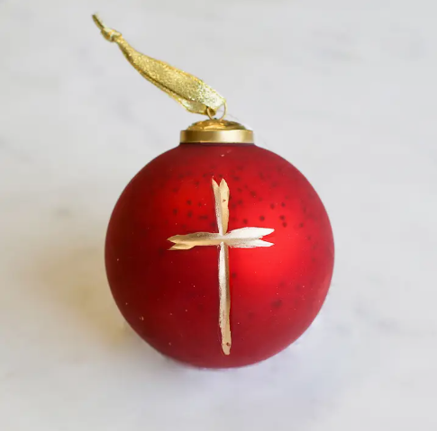 Cross Glass Ball Ornament - Red and Gold 4"