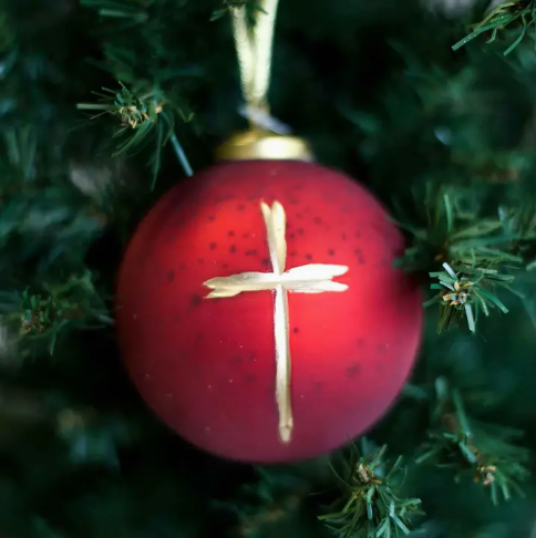 Cross Glass Ball Ornament - Red and Gold 4"